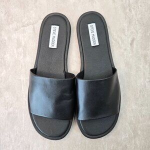 Steve Madden Sienna Slides Leather Black Minimalist Slip On Flat Sandals Size 10
